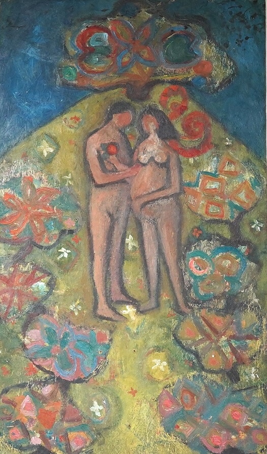 Mid 20th century, oil on board, Abstract composition, study of Adam and Eve, unsigned, 54 x 31cm. Condition - good